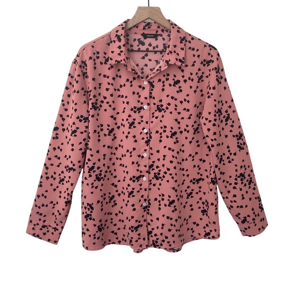 Dokotoo Women's Business Casual Fall Boho Pink Black Polka Dot Button Up Shirt L